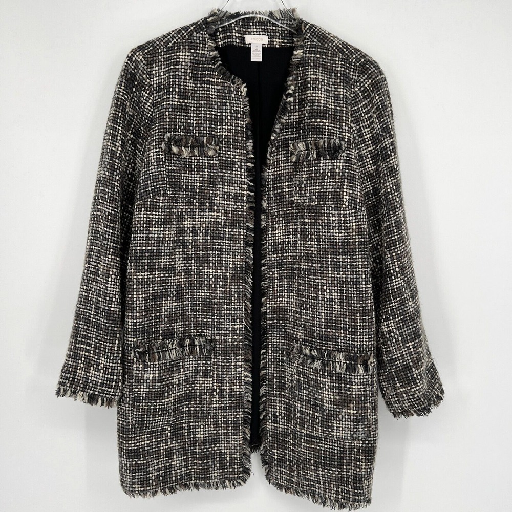 Chicos Jacket Womens L Tweed Long Coat Career Office Suiting Wool‎ Gray Brown